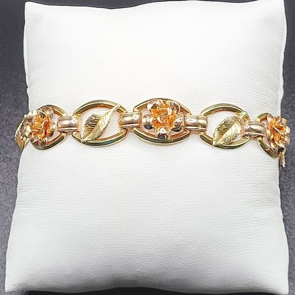 Krementz Jewelry - Vintage Krementz Yellow & Rose Gold Tone Leaf W 3D Roses Bracelet Circa 1960's